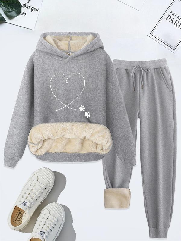 Women's Heart Print Hoodie & Drawstring Waist Pants Thermal Lined Two-piece Set, Casual Long Sleeve Hooded Sweatshirt & Pocket Trousers, Women's Fall & Winter Clothes